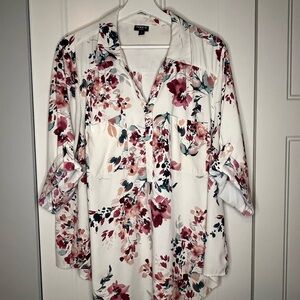 TORRID White Floral Blouse with Rose and Rich Green Accents